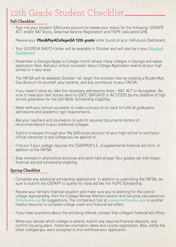 12th Grade Checklist